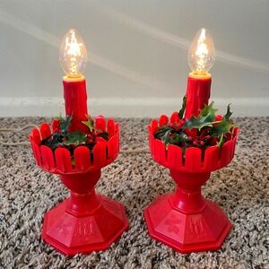 Vintage Red Plastic Electric Christmas Window Candles Holly Berries Set of 2